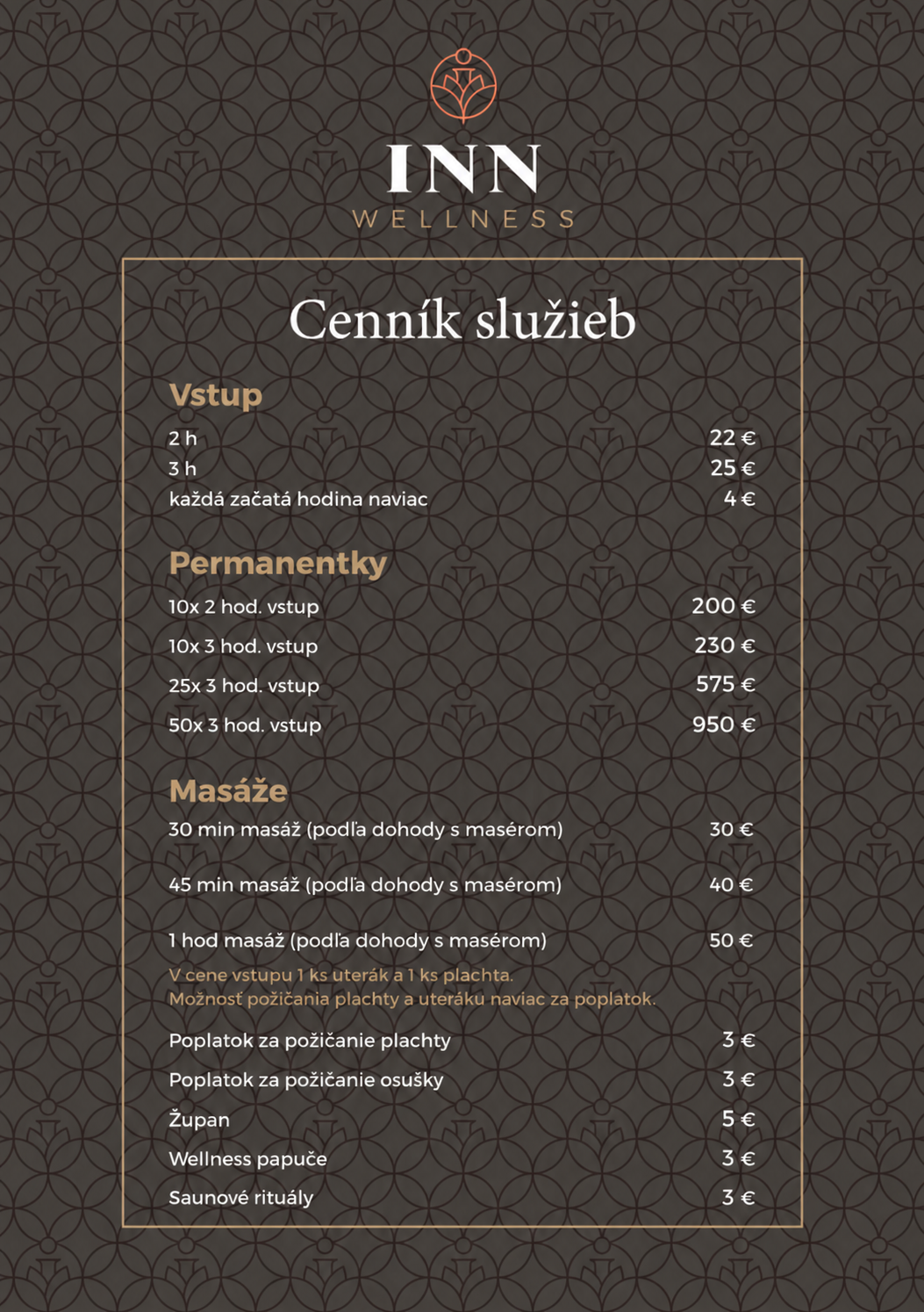 Cenník služieb INN Wellness
